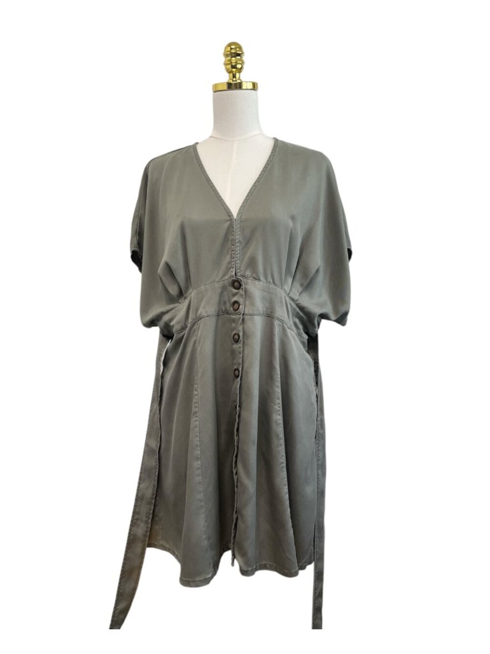 QUINCE Vintage Wash Tencel Button Front V-neckline Women's Mini Dress Olive Sz L - Picture 6 of 11